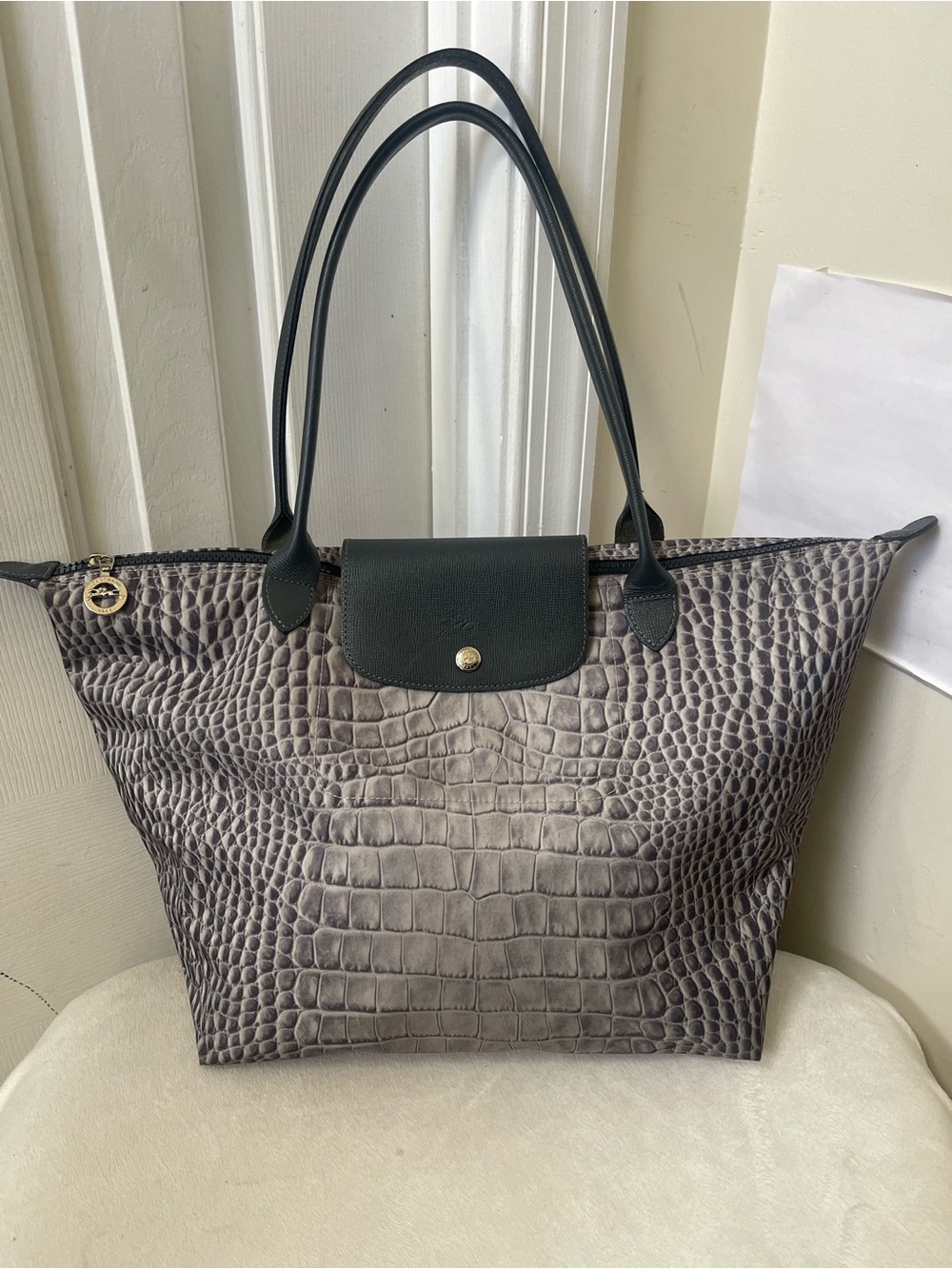 Longchamp Gray Croc-Print Tote with Black Trim